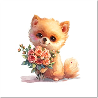 Valentine Pomeranian Dog Giving Flowers Posters and Art